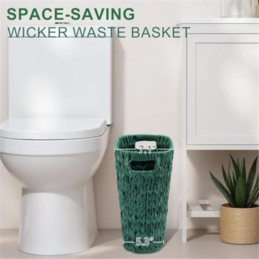 Dark Green Bathroom Accessories Set Wicker Trash Can Soap Dispenser Toothbrush